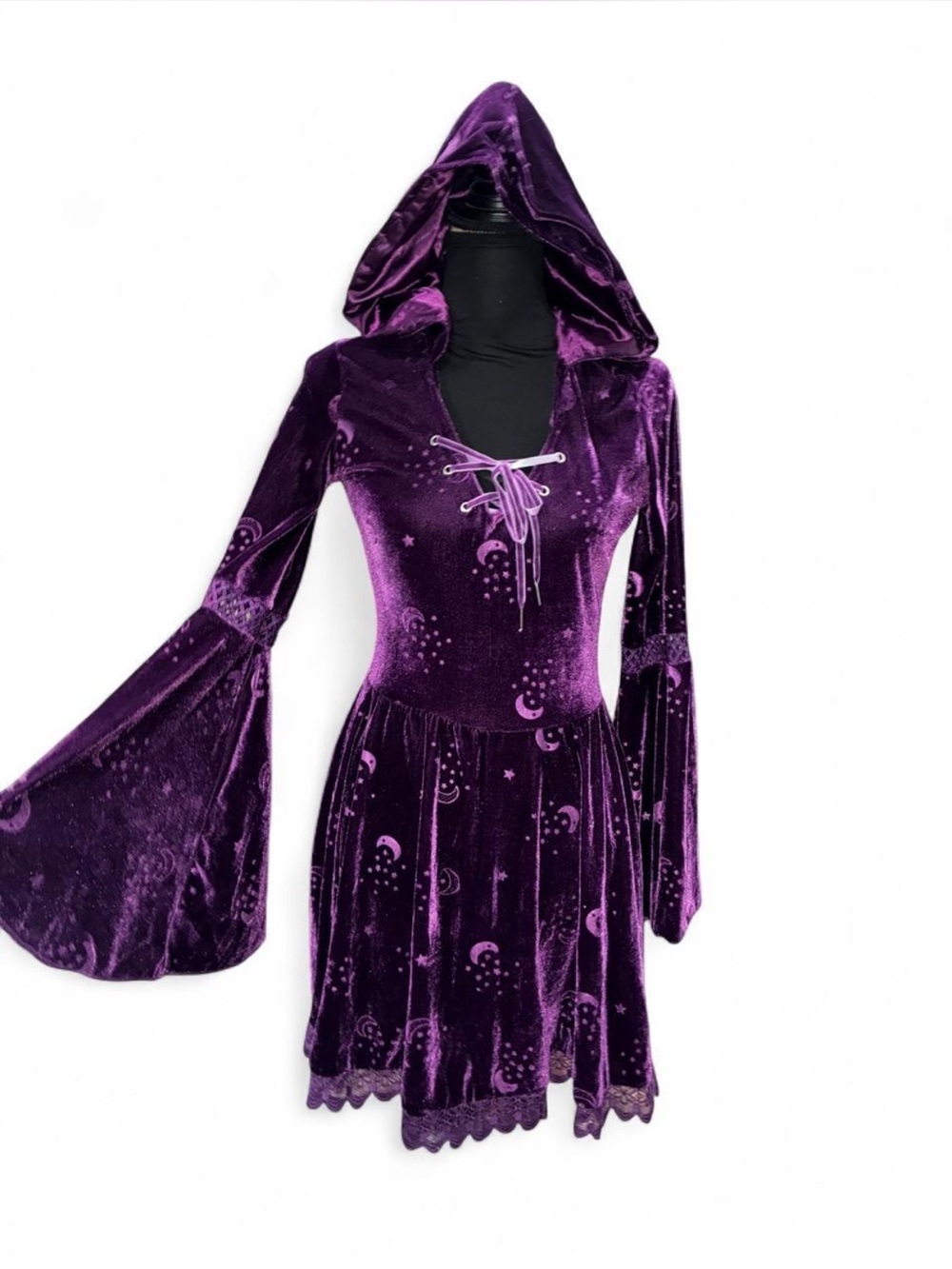 Spirit Purple Velvet Hooded Lace-Up Bell Sleeve Dress
